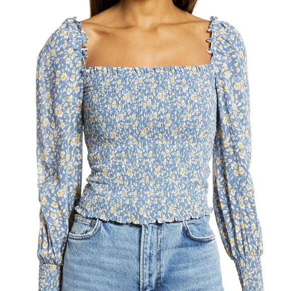 Reformation Pinto Smocked Top in Blue Wallflower - Picture 1 of 7